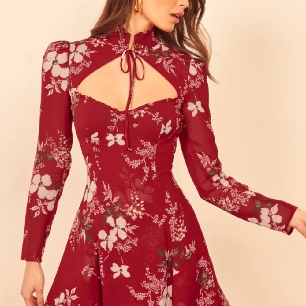 Reformation Red Floral Keyhole Midi Dress
